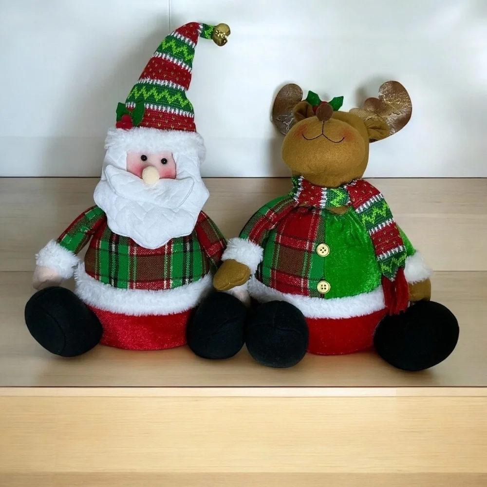 Santa and Reindeer Plush Gnomes Shelf Sitter Christmas Holiday Set Tartan Plaid
